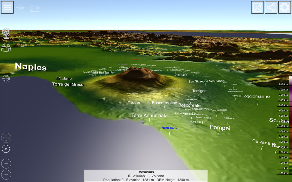 GlobeViewer [iOS/Android/Mac/Win]: Lokale 3D-Ansicht in einer Detailkarte mit Bezeichnungen von Ortschaften und Geographie