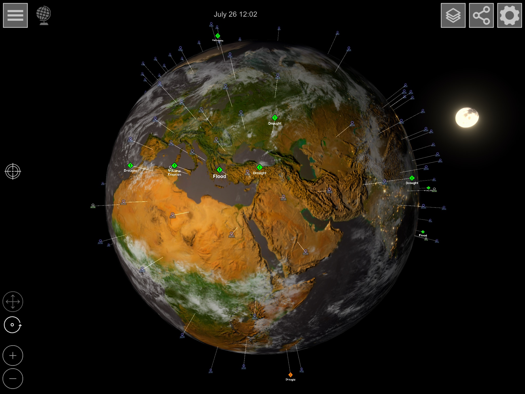 GlobeViewer [iOS/Android/Mac/Win]: Globale Rotationsansicht mit Markern für Detailkarten und aktuellen Ereignissen
