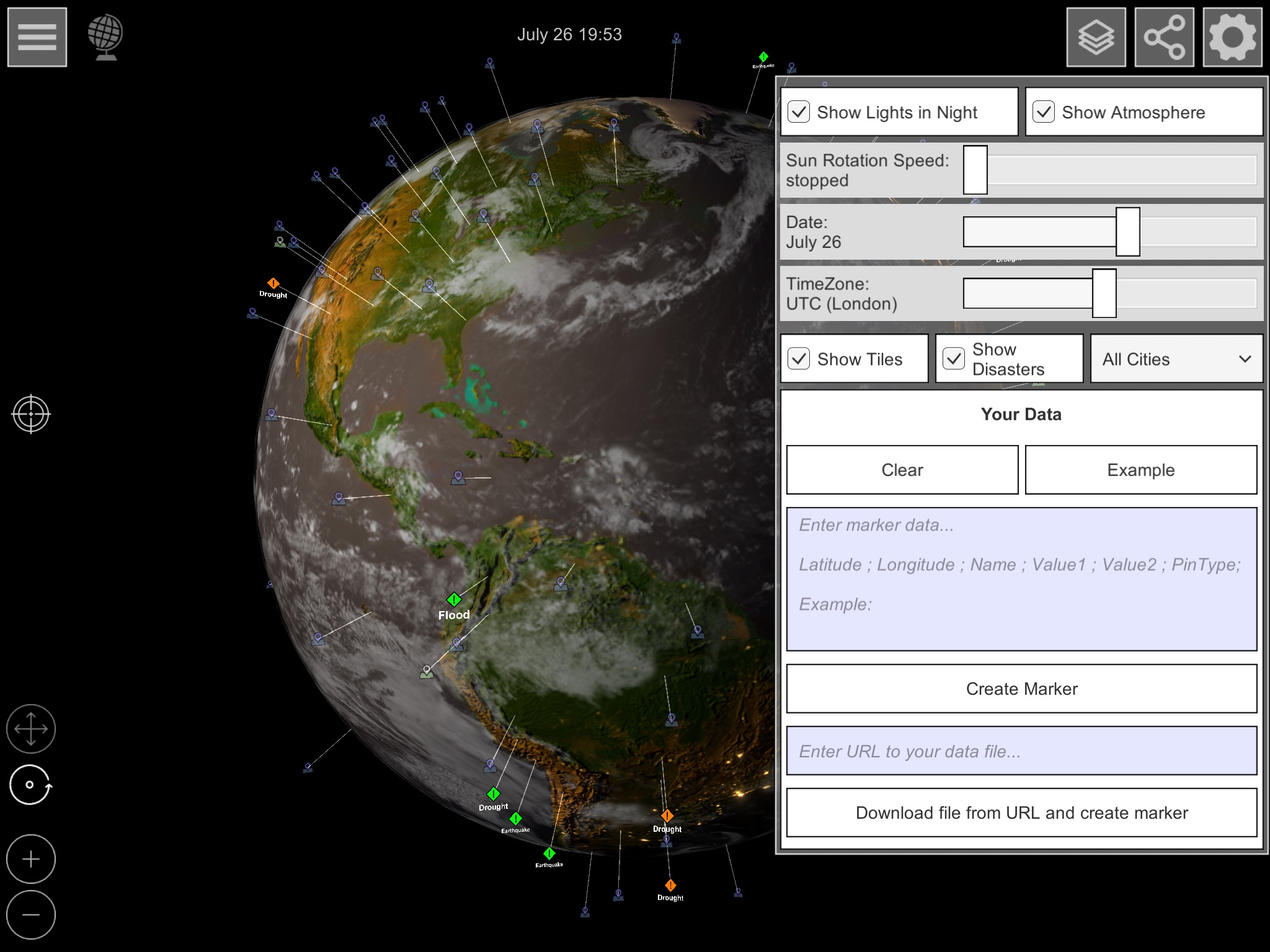 GlobeViewer: Options in the globe view