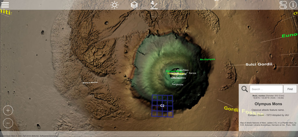Globe Viewer Mars: Olympus Mons info and Marker for 3D tile mode active