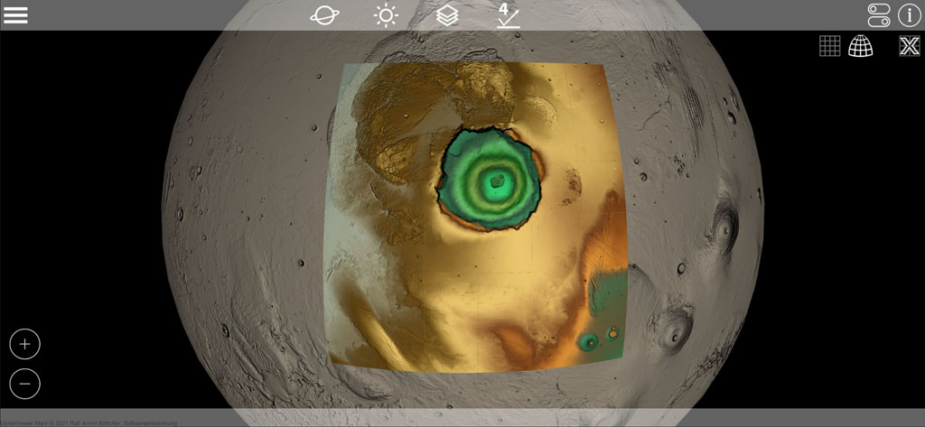 Globe Viewer Mars: Height information on 3D tiles combined with global grey mode