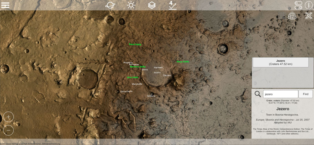 Globe Viewer Mars: Search function shows Jezero crater landing area of NASAs perseverance rover