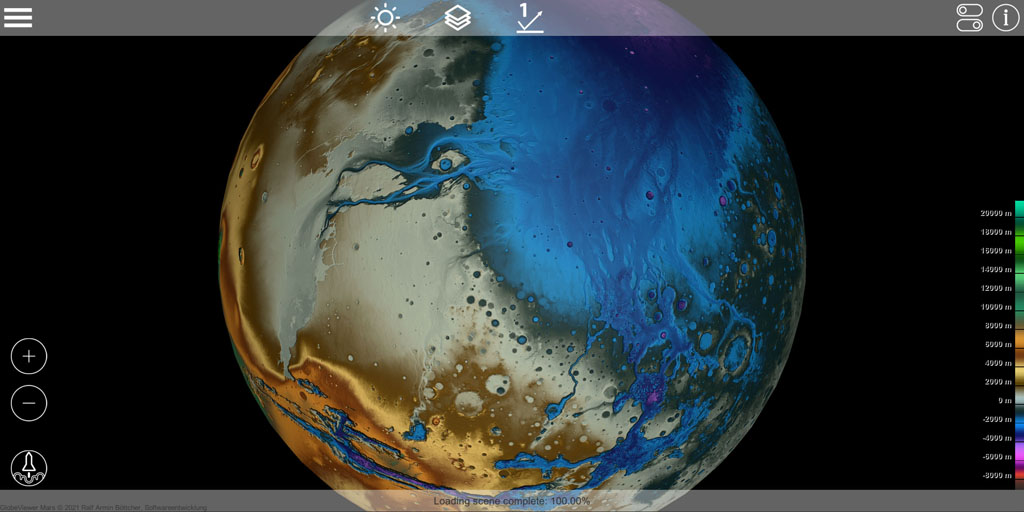 GlobeViewer Mars: Height structure as coloring (new since 0.5.0)