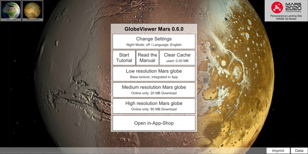 GlobeViewer Mars: Main menu