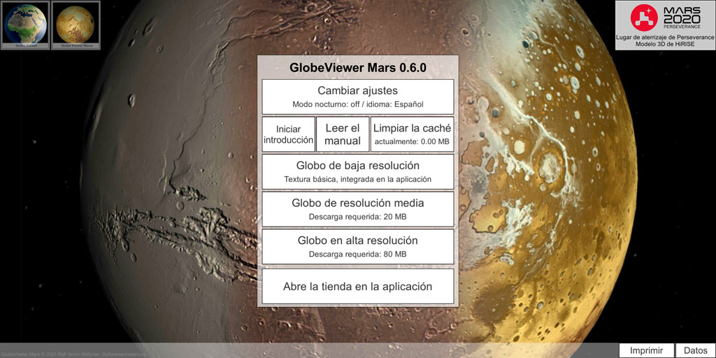 GlobeViewer Mars: Menú principal