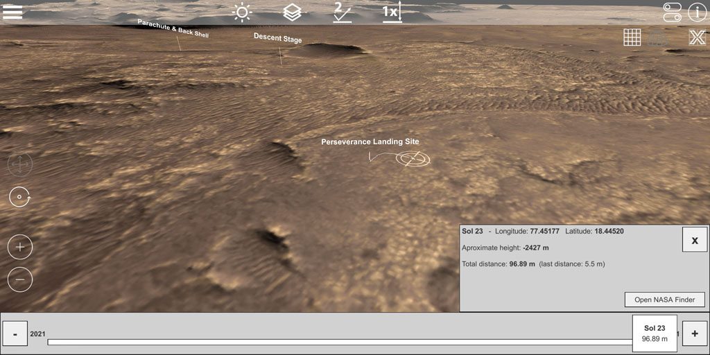 GlobeViewer Mars: Movement tracking of the rover Perseverance on Mars