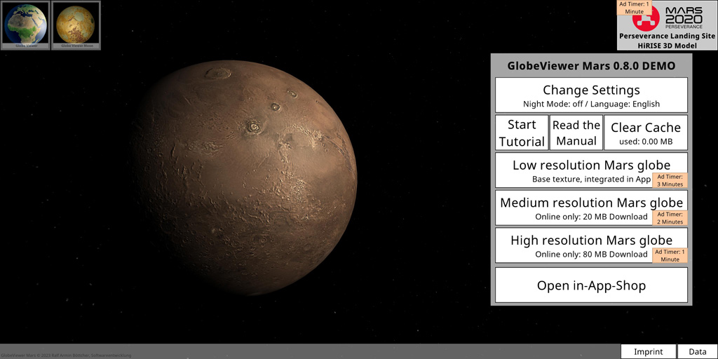GlobeViewer Mars: menu chính trong phiên bản 0.8.0