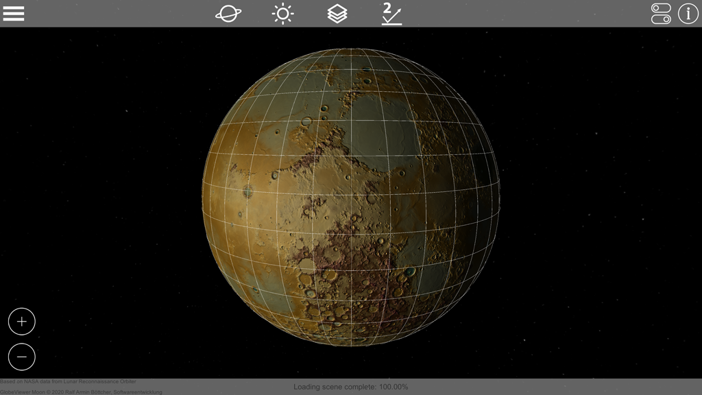 Globe Viewer Moon: Global view (height map) with grid and without names