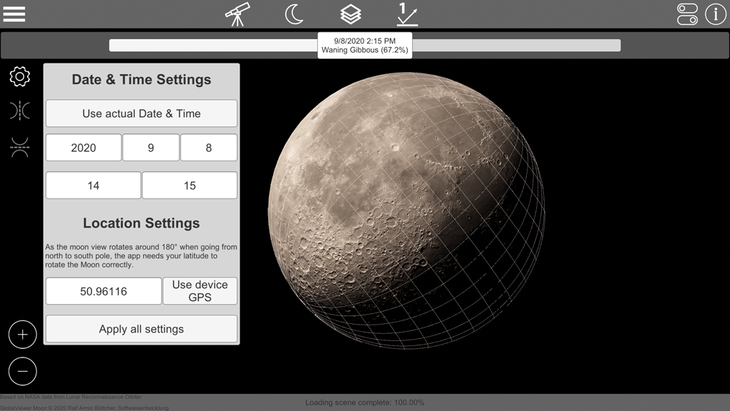 Globe Viewer Moon: Global view in telescope mode and grid. Date and location settings for correct moon phase calculation