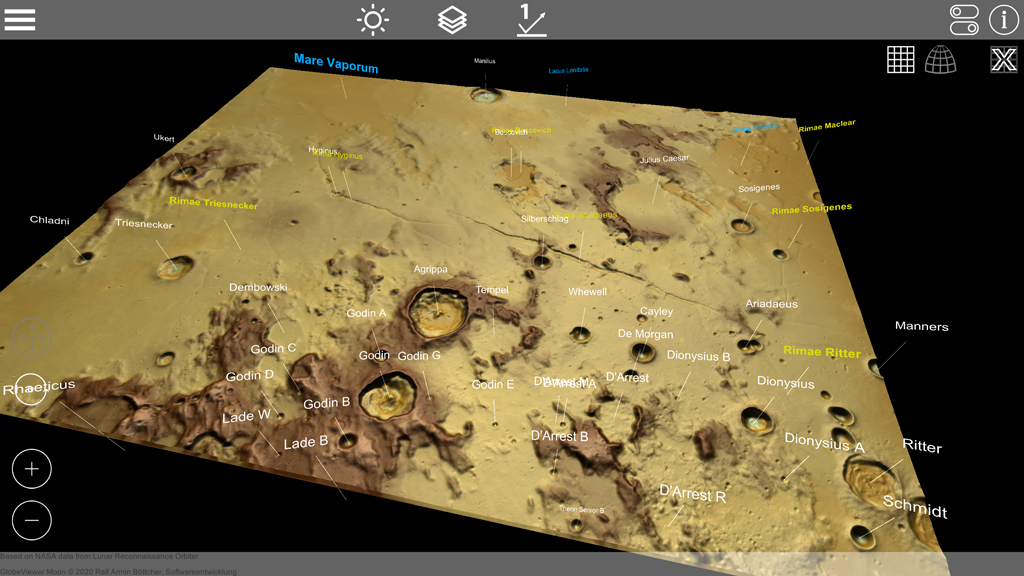 Globe Viewer Moon: 3D tile view with feature names in orthographic tile projection