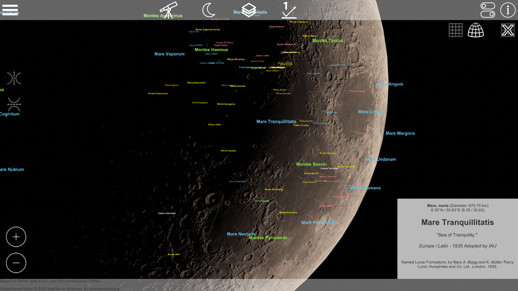 Globe Viewer Moon: Global telescope view with active feature labels and open detail info.