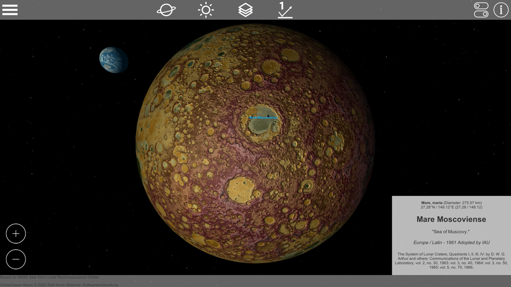 Globe Viewer Moon: Rotation mode with height map on Moons far side.