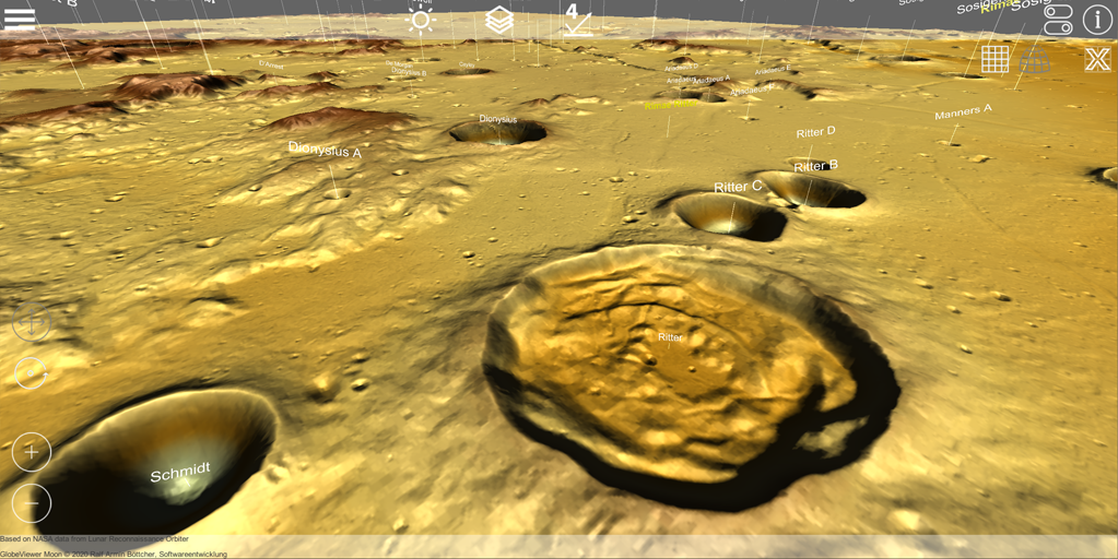 GlobeViewer Moon: Cerrar vista 3D de cráteres