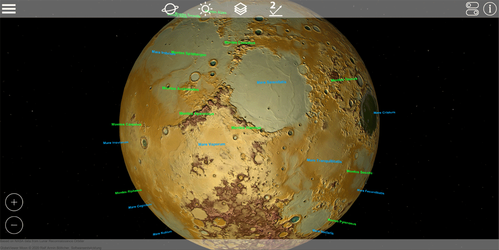 GlobeViewer Moon: Darstellungsvarianten in der Rotationsansicht