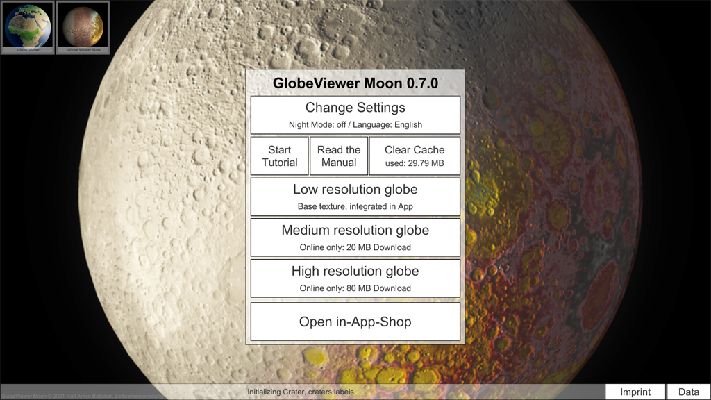 GlobeViewer Moon: Menú principal